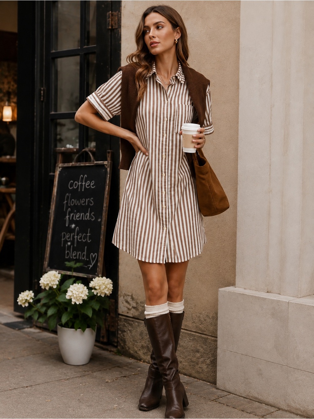 OLD NAVY Small Petite Linen Blend Striped Shirt Dress | Brown & Cream | Fall